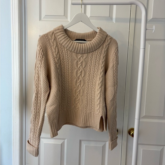 French Connection Cable Knit Cowl Neck Light Beige Sweater Wool Blend - Picture 8 of 11